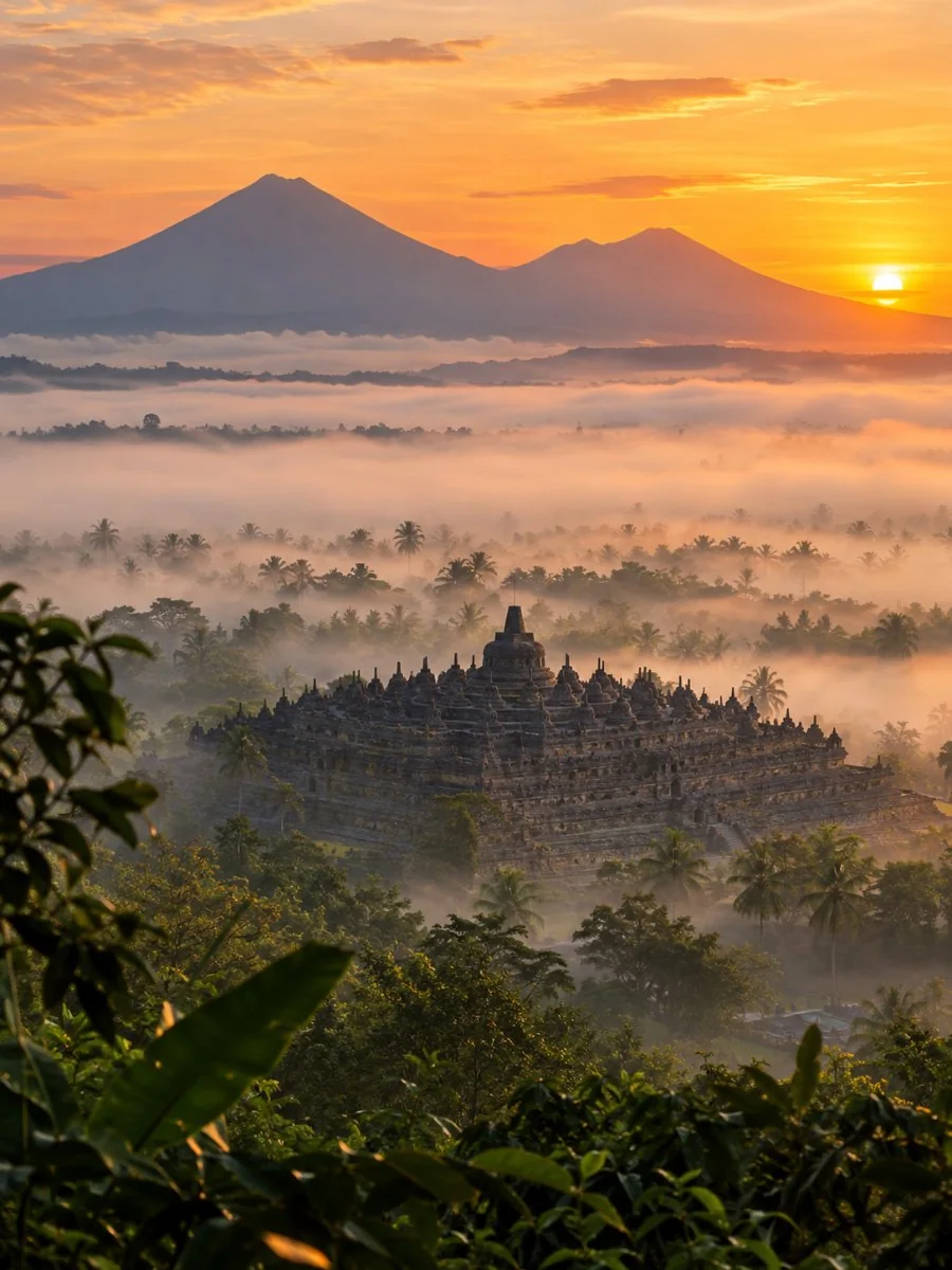 Borobudur rising out of morning mist in the valley below Setumbu Hill, with Merapi and Merbabu on the horizon