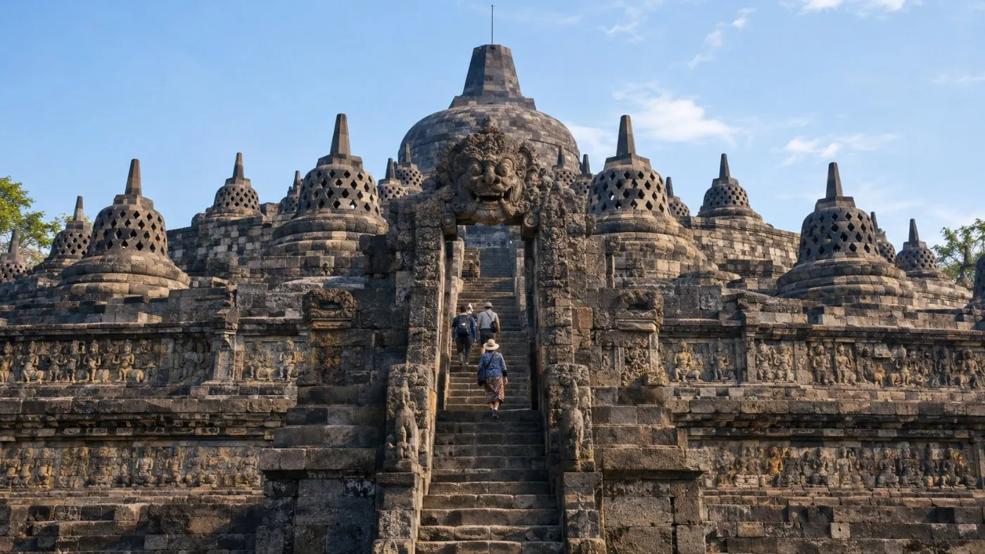 A steep stone staircase at Borobudur climbing through a carved gateway